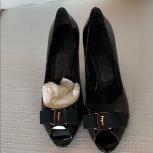 Salvator Ferragamo black patent open toe pumps